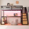 Merax Hochbett, Kinderbett, 90×200 cm, Jugendbett, mit LED-Lichtleiste und Steckdose, mit Aufbewahrungsleiter, Regalen und Tisch, Schwarz Bild 2