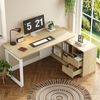 152*113,5*76, L-förmiger Schreibtisch, Bürotisch, mit 2 Schubladen, 3 offenen Regalen, 1 geschlossenem Schrank, verstellbaren Regalböden, Naturholzfarbe + Weiß. Bild 2