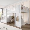 Kinderhochbett 90x200 mit Stauraumtreppe, Fenster, Geländer, Holzrahmen und MDF, platzsparend, weiß Bild 2