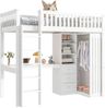 Hochbett 90x200 cm aus Kiefer/MDF mit Schreibtisch, Kleiderschrank, 3 Schubladen, Treppe und Geländer, Weiß Bild 5