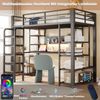 Eisen-Hochbett 90×200 cm, mit Lochblech, Schreibtisch mit CEE-Steckdose, Mehrfarbige LED-Beleuchtung, Mehrstöckige Ablagefächer, Kleines Regal, Vertikale Leiter, Hochbett, Einzelbett, Schwarz Bild 5