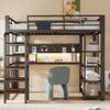 Eisen-Hochbett 90×200 cm, mit Lochblech, Schreibtisch mit CEE-Steckdose, Mehrfarbige LED-Beleuchtung, Mehrstöckige Ablagefächer, Kleines Regal, Vertikale Leiter, Hochbett, Einzelbett, Schwarz Bild 3