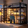 Eisen-Hochbett 90×200 cm, mit Lochblech, Schreibtisch mit CEE-Steckdose, Mehrfarbige LED-Beleuchtung, Mehrstöckige Ablagefächer, Kleines Regal, Vertikale Leiter, Hochbett, Einzelbett, Schwarz Bild 2