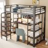 Eisen-Hochbett 90×200 cm, mit Lochblech, Schreibtisch mit CEE-Steckdose, Mehrfarbige LED-Beleuchtung, Mehrstöckige Ablagefächer, Kleines Regal, Vertikale Leiter, Hochbett, Einzelbett, Schwarz Bild 4