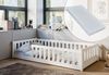 Kinderbett Bodenbett 90x200 cm Bett mit Matratze, Rausfallschutz & Lattenrost Montessori Bett Bed Gitterbett Kinder Jugendbett Einzelbett komplett Set | weiß Kiefer Holz massiv Junge Mädchen Bild 2