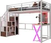 Hochbett 90x200 cm, Metall & MDF mit integriertem Schreibtisch, LED-Beleuchtung, Aufbewahrungsleiter und Kleiderschrank, Weiß Bild 5