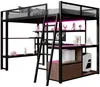 Hochbett mit Eckschreibtisch, LED-Streifen, PC-Ständer, Steckdose, USB, Rausfallschutz, Regal, Schrank, 140x200cm, Kinderbett, Jugendbett, Metallbett Bild 5