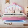 Prinzessinbett mit LED-Beleuchtung, 140x200 cm, höhenverstellbarer Kopfteil, Mädchenbett, Polsterbett für Mädchen, Doppelbett, Kunstleder Bild 4