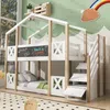 Etagenbett, Kinderbett mit Rausfallschutz, 2 Schlafgelegenheiten, Lattenrost und Treppe, 90x200 cm, Hausbett, Kiefer Bild 3