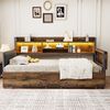Bett 90x200 cm mit Stauraum, LED-Beleuchtung und ausziehbarem Schreibtisch – multifunktionales Einzelbett in Natural Wood Bild 2