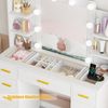 BEWISHOME Schminktisch mit Spiegel und Ladestation, 9 Schubladen, transparente Glasplatte (1-St), verstellbare LED-Beleuchtung, 2 Steckdosen + 2 USB-Anschlüssen Bild 3