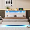 Polsterbett 160x200cm cm mit USB-Steckdose und LED-Licht, wendbares Kopfteil, verdecktes Fußteil, Doppelflachbett, Jugendbett, Erwachsenenbett, Leinenstoff Beige Bild 2