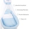 FabiMax Stubenwagen Grau lackiert, 2 in 1 Musselin / Waffelpiqué Komplettset Blau mit Decke und Kissen Bild 3