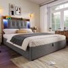Polsterbett 90x200 cm, Leinenbezug, LED-Licht & USB Typ-C, Flip-Top Bettkasten, ohne Matratze,Grau Bild 2