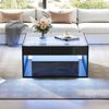 Couchtisch 70x70x35 cm mit 2 Schubladen, Glasplatte, LED und offenem Mittelfach, Schwarz Bild 4
