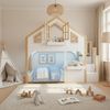 BlingBin Etagenbett Hochbett Kinderbett Hausbett Massivholzbett mit LED und Fenster (1er Set, 1-St, 90x200cm, Ohne Matratze, Tragfähigkeit: 120KG, Massivholz+MDF), Holzbett mit Stauraumtreppe für Kinderzimmer, Weiß und Naturfarbe Bild 3
