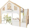BlingBin Etagenbett Hochbett Kinderbett Hausbett Massivholzbett mit LED und Fenster (1er Set, 1-St, 90x200cm, Ohne Matratze, Tragfähigkeit: 120KG, Massivholz+MDF), Holzbett mit Stauraumtreppe für Kinderzimmer, Weiß und Naturfarbe Bild 4