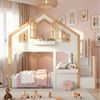 BlingBin Etagenbett Hochbett Kinderbett Hausbett Massivholzbett mit LED und Fenster (1er Set, 1-St, 90x200cm, Ohne Matratze, Tragfähigkeit: 120KG, Massivholz+MDF), Holzbett mit Stauraumtreppe für Kinderzimmer, Weiß und Naturfarbe Bild 5