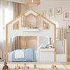 BlingBin Etagenbett Hochbett Kinderbett Hausbett Massivholzbett mit LED und Fenster (1er Set, 1-St, 90x200cm, Ohne Matratze, Tragfähigkeit: 120KG, Massivholz+MDF), Holzbett mit Stauraumtreppe für Kinderzimmer, Weiß und Naturfarbe Bild 2