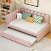 Merax Daybett Polsterbett 140x200cm mit Ausziehbett, Schlafsofa Tagesbett mit Austauschbarer Armlehne, Jugendbett Kinderbett mit Lattenrost, Samt, Rosa Bild 2