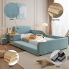 Novelux Kinderbett 90x200 Polsterbett mit Schreibtisch und Hocker – Samt Blau, Ablagefach, weiches Kopfteil, Holzlatten, ohne Matratze Bild 4
