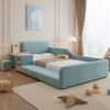 Novelux Kinderbett 90x200 Polsterbett mit Schreibtisch und Hocker – Samt Blau, Ablagefach, weiches Kopfteil, Holzlatten, ohne Matratze Bild 5
