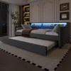 Schlafsofa mit LED-Streifen, Lattenrost und Ausziehbett, 90x200cm, Polsterbett, Einzelbett, Jugendbett, Leinenbezug Bild 2