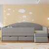 Merax Polsterbett Sofabett, 90*190cm, Einzelbett Multifunktionsbett, Mit 2 Schubladen und Zäunen, Mit Stufen, Hautfreundlicher Samtstoff, ohne Matratze, Hellgrau Bild 2