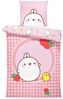 MTOnlinehandel Kinderbettwäsche Molang Kawaii „Strawberry“ 135x200 + 80x80 cm, Renforcé, Piu Piu, 100% Baumwolle, 2 teilig, Trendiges Design in sanften Rosatönen – weich & atmungsaktiv Bild 2