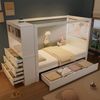 Einzelbett, Kinderbett mit Fallschutz und Gitter, Holzbett mit Stauraum, Lagerschrank mit 5 Schubladen, Schublade mit Rädern, Reichlich Stauraum, Kiefer+PB, Weiß+Natur, 90x200cm Bild 2