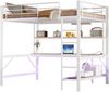 Hochbett 140x200 cm, Metall-MDF Konstruktion mit 7‑Farben Ambientelicht, USB & Steckdose, Geländer und Trittleiter, Schreibtisch & Regal, Weiß Bild 5