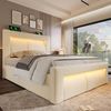 Einzelbett 90x200 cm mit Matratze, Stauraum, LED und USB/Type-C – Polsterbett aus Samt in Beige Bild 5