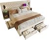 Merax Doppelbett 160×200 cm Schlafzimmer Komplett Set, Polsterbett mit 2 Nachttischen und 4 Schubladen, Kopfteil Leselicht mit USB Ladefunktion, Beige, Samt (Ohne Matratze) Bild 2