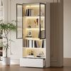 MODFU Vitrine Schlanker Hochschrank für begrenzte Stellflächen,80x34x180 cm (Packung, 1-St, Vielseitig als Wohnzimmerschrank oder dekorative Vitrine nutzbar) In Weiß, mit LED, Glastüren, Schublade & offenen Fächern Bild 2