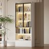 MODFU Vitrine Schlanker Hochschrank für begrenzte Stellflächen,80x34x180 cm (Packung, 1-St, Vielseitig als Wohnzimmerschrank oder dekorative Vitrine nutzbar) In Weiß, mit LED, Glastüren, Schublade & offenen Fächern Bild 3