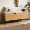 Aufbewahrungsbank Sitzbank Schuhbank mit Stauraum Natural Holzoptik hellgrauer Stoffbezug robuster Flurhocker multifunktional als Sitzmöbel und Aufbewahrung für Spielzeug Schuhe Decken ideal für Flur Wohnzimmer Schlafzimmer, 49.5cmx40cmx115cm, Natur Bild 5
