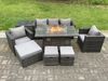 Fimous 8-Sitzer Wicker Polyrattan Gartenmöbel Set Gas Feuerstelle Esstisch Gasheizung Brenner Mit 2 Sessel Beistelltische Fußhocker Dunkelgrau Gemischt Bild 3