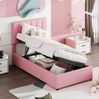 Polsterbett 90x200 cm mit Stauraum aus Leinen in Rosa – klassisches Kinderbett mit hydraulischem Bettkasten Bild 2