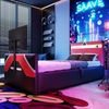 Kinderbett 90*200 im E-Sport-Stil mit PU-Lederbezug in Farbblockoptik, LED-Beleuchtung mit Farbwechsel, hydraulischem Stauraum und integrierter TV-Halterung Multifunktionales Gaming Bett Bild 3