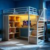 Metall-Hochbett, 90 x 200 cm, mit Kleiderschrank und Staufächern, Trittleiter, Schreibtisch mit Steckdosen nach europäischer Norm, Lochblech und LED-Lichtleiste, Großem Stauschrank,Einzelbett, Weiß Bild 2