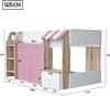 Kinderbett Hausbett, mit offenem Stauraum mit Kletterleiter Halbhohes Kinderhochbett Massivholz-Kinderetagenbett ohne Matratze, Weiß+Rosa+Holzfarbe, 90x200 Bild 5