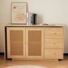 Flieks Drehschreibtisch, L-förmiger Eckschreibtisch mit 360° Schwenkfunktion, 2 Rattantüren, 3 Schubladen, 126x120x75cm, Naturholzfarbe Bild 3
