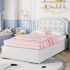 90*200 cm flaches Bett, gepolstertes Bett, Nachttischpolsterung mit dekorativen Nieten, doppelte Schubladen, Hellbeige Bild 3