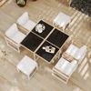 7-teiliges Gartenessset für 6 Personen, quadratischer Tisch mit gehärtetem Glasplatte, 4 Sessel + 2 Fußhocker, Polyestergeflecht & WPC Armlehnen, wetterfest Natur-Weiß für Terrasse Garten Bild 4