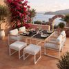 7-teiliges Gartenessset für 6 Personen, quadratischer Tisch mit gehärtetem Glasplatte, 4 Sessel + 2 Fußhocker, Polyestergeflecht & WPC Armlehnen, wetterfest Natur-Weiß für Terrasse Garten Bild 2
