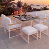 7-teiliges Gartenessset für 6 Personen, quadratischer Tisch mit gehärtetem Glasplatte, 4 Sessel + 2 Fußhocker, Polyestergeflecht & WPC Armlehnen, wetterfest Natur-Weiß für Terrasse Garten Bild 3