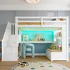 Hochbett mit Schreibtisch, RGB LED-Streife, Lattenrost, Treppe, Stauraum, Rausfallschutz, Steckdose, USB und Sitzbank, 90x200cm, Kinderbett Bild 3