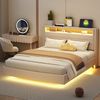 Polsterbett 140x200 cm mit USB-Steckdose und LED-Licht, wendbares Kopfteil, verdecktes Fußteil, Doppelflachbett, Jugendbett, Erwachsenenbett, Leinenstoff Beige Bild 3