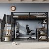 Hochbett, Eisenbett mit Treppe & Handlauf, Schreibtisch & Regal, stabilen Lattenrosten, Eisen + Spanplatte, Schwarz + Dunkel, 120 × 200 cm Bild 2