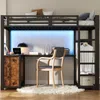 Hochbett mit Schreibtisch, Kleiderstange, Regal, Lattenrost, offenem Schrank, Leiter, Rausfallschutz und LED-Streifen, 140x200 cm, Mettallbett Bild 2